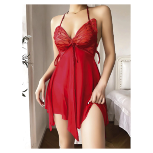 Kelebek Tasarım Transparan Tül Kırmızı Fantezi Gecelik