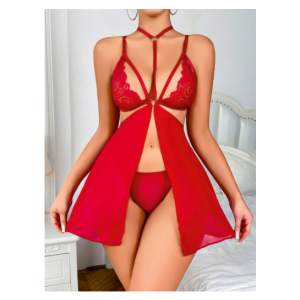 Boyunluklu Tül Fantezi Kırmızı Gecelik