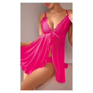 Fırfırlı Fiyonk Detaylı Önü Açık Tül Fantezi Fuşya Gecelik