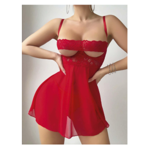 Göğüs Dantel Dekolteli Tül Kısa Kırmızı Gecelik